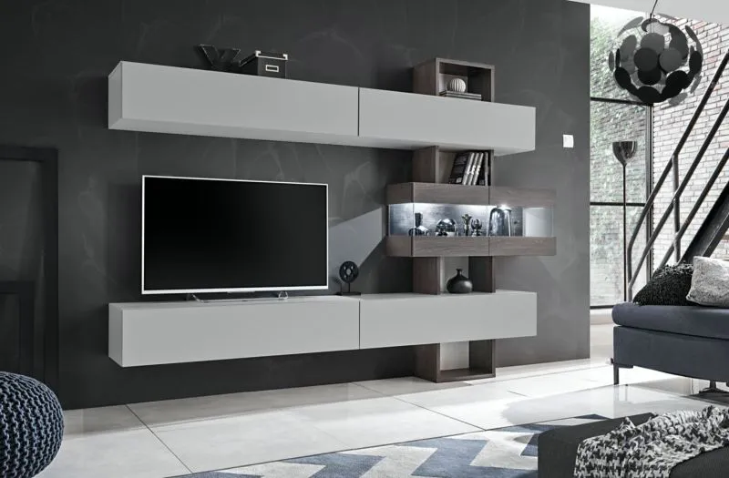 Wohnwand Bjordal 25, Farbe: Eiche Grafit / Grau - Abmessungen: 180 x 250 x 35 cm (H x B x T), mit Push-to-open Funktion