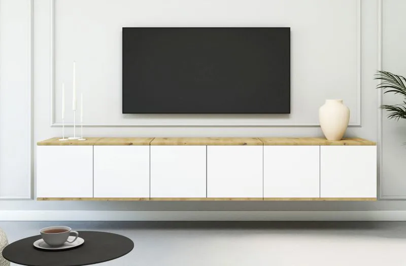 TV-Unterschrank | Farbe: Eiche Artisan / Weiß | Push-to-open Funktion | 6 Türen | 12 Fächer | 210 x 40 x 40 cm | hochwertig Verarbeitet | TV-Board