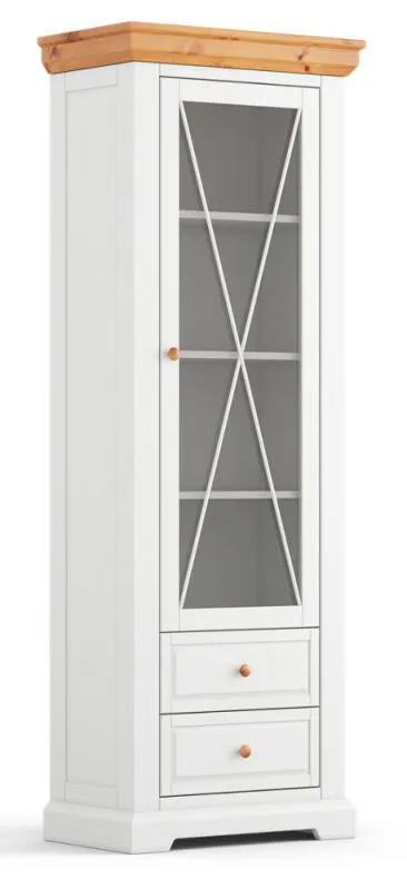 Vitrine Bresle 01, Kiefer massiv, Farbe: Weiß / Natur - Abmessungen: 200 x 70 x 41 cm (H x B x T)