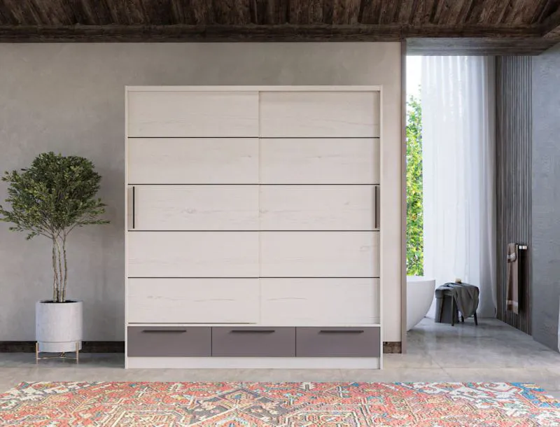 Kleiderschrank | 2 Schiebetüren | 3 Schubladen | 5 Fächer | mit Kleiderstange | 149 cm breit | Farbe: Anthrazit / Weiß Abbildung