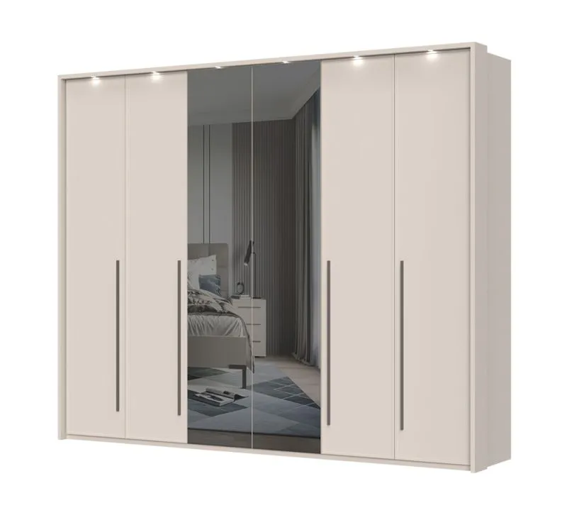 Drehtürenschrank mit zwei Spiegeltüren Neiafu 75, Farbe: Kaschmir, Maße: 224 x 272 x 56 cm, Soft-Close-Funktion, drei Kleiderstangen, mit LED-Rahmen