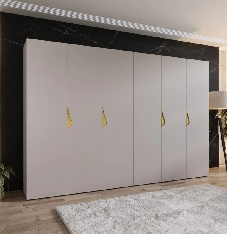 Drehtürenschrank / Kleiderschrank | Farbe: Kaschmir | 3 Meter breit | 6-Türig | Griffe: Gold | 4 Fächer | Maße: 300 x 52 x 202 cm | 4 Kleiderstangen