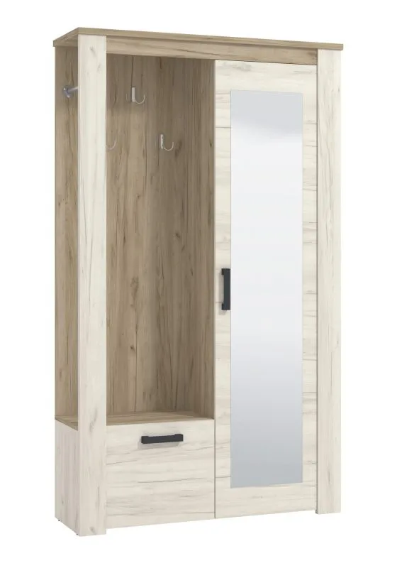 Garderobe mit drei Haken Zemun 11, Spiegel, sechs Fächer, Farbe: Eiche Grau / Eiche Weiß, ABS-Kantenschutz, Maße: 195 x 114 x 36,5 cm, für Vorraum