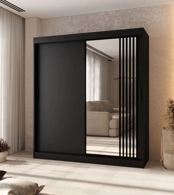 Kleiderschrank | 1 Spiegeltür | Farbe: Schwarz Matt | hochwertig Verarbeitet | 180 x 62 x 200 cm | Schiebetürenschrank | 10 Fächer | 2 Kleiderstangen