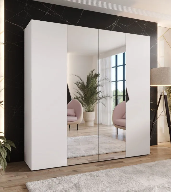 Drehtürenschrank | Farbe: Weiß | 2 Spiegeltüren | Griffe: Schwarz | 2 Fächer | 2 Kleiderstangen | Maße: 200 x 52 x 202 cm | Soft-Close-Funktion