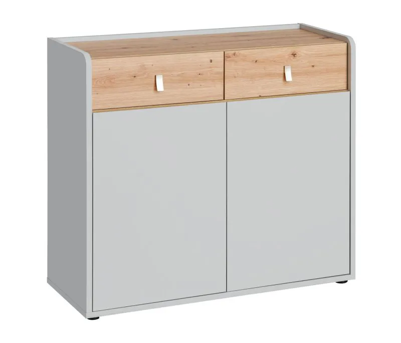 Kommode mit zwei Schubladen Susort 02, Farbe Eiche Artisan / Grau, 86 x 94 x 38 cm, 2 Türen, elegante Griffe, ein Holzeinlegeboden, 2 große Fächer