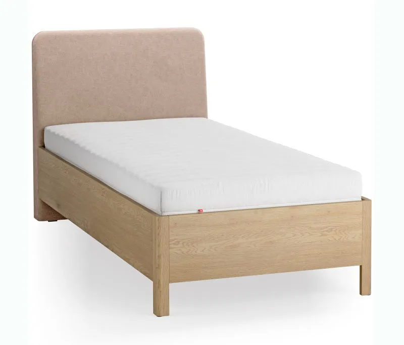 Einzelbett | Farbe: Eiche / Ecru | Eiche massiv | weich gepolsterte Kopfstütze | 90 x 200 cm | Gästebett | inkl. Lattenrost | dezent abgerundete Form