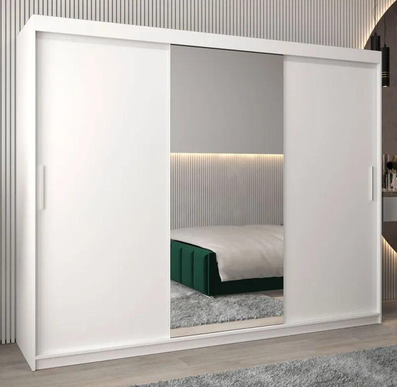 Schiebetürenschrank / Kleiderschrank Bisaurin 6B mit Spiegel, Farbe: Weiß matt - Abmessungen: 200 x 250 x 62 cm ( H x B x T)