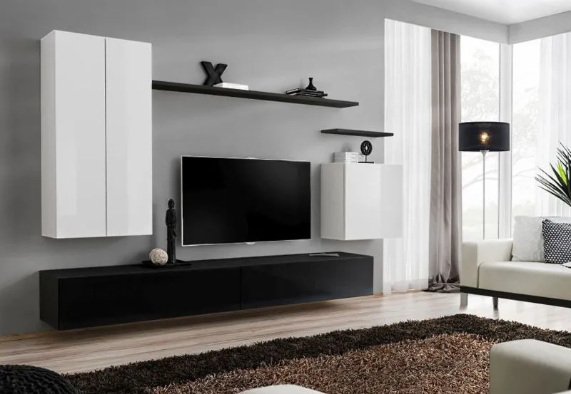 Wohnwand im schlichten Design Balestrand 21, Farbe: Weiß / Schwarz - Abmessungen: 160 x 270 x 40 cm (H x B x T), mit fünf Türen