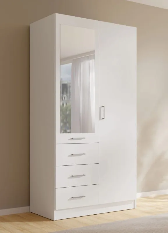Kleiderschrank | 3 Schubladen | Farbe: Weiß | 1 Drehtür | 1 Spiegeltür | 1 Kleiderstange | Maße: 101 x 58 x 200,5 cm | Drehtürenschrank | modernes Design