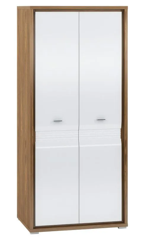 Drehtürenschrank / Kleiderschrank Tempe 01, Farbe: Nussfarben / Weiß Hochglanz, Fronteinsatz: Weiß - Abmessungen: 203 x 92 x 62 cm (H x B x T), mit 2 Türen und 3 Fächern