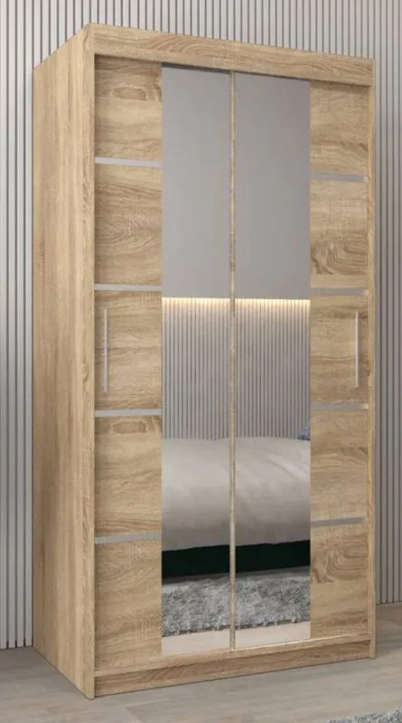 Schiebetürenschrank / Kleiderschrank Jan 01D mit Spiegel, Farbe: Eiche Sonoma - Abmessungen: 200 x 100 x 62 cm ( H x B x T)