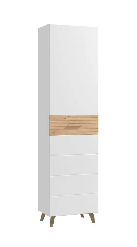 Garderobenschrank mit einer ausziehbaren Kleiderstange Bineva 02, Farbe: Eiche Artisan / Weiß / Weiß Hochglanz, vier Fächer, Maße: 193 x 51,5 x 35 cm