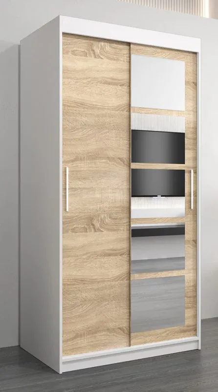 1 Meter breiter Kleiderschrank mit 2 Türen | Farbe: Sonoma Eiche / Weiß Abbildung