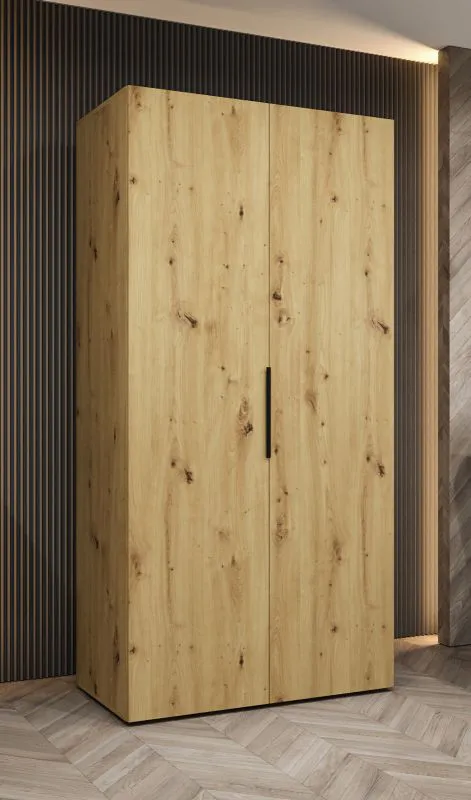 Drehtürenschrank mit zwei Türen Korab 01, Farbe: Eiche Artisan, eine Kleiderstange, 1 Meter breit, Griffe: Schwarz, Soft-Close-Funktion, ein Fach