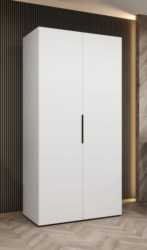 Kleiderschrank / Drehtürenschrank Korab 03, Farbe: Weiß, ein Fach, zwei Türen, Griffe: Schwarz, 1 Meter breit, eine Kleiderstange, Soft-Close-Funktion