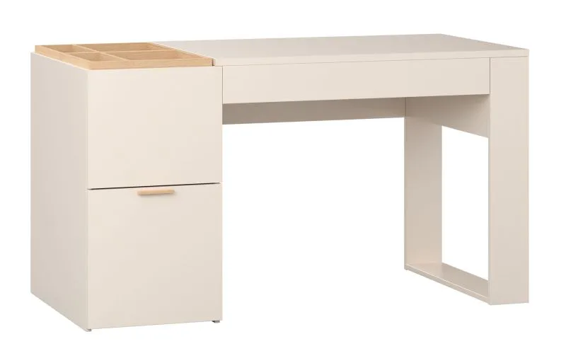 Schreibtisch mit zwei Schubladen | Farbe: Beige | inkl. Praktische Organizer | Maße: 142 x 63,5 x 79 cm | Griffe: Eiche | Soft-Close-Funktion | für Büro