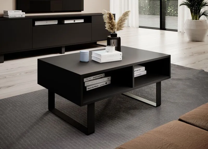 Dunkler Couchtisch Zapopan 135, Farbe: Schwarz, zwei Fächer, einfaches und modernes Design, Maße: 40 x 90 x 50 cm, qualitativ hochwertig, für Wohnzimmer