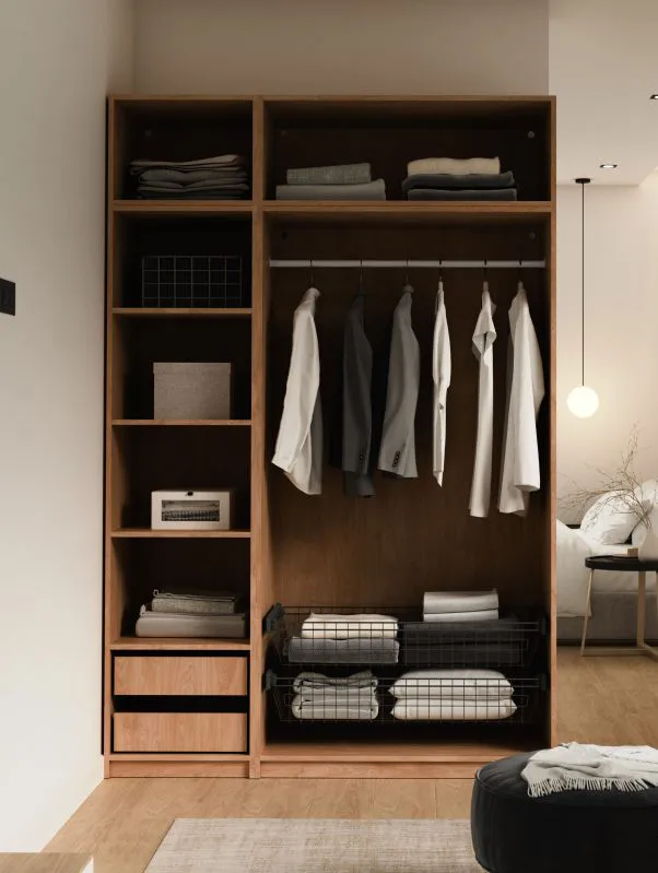 Schrankset für Ankleidezimmer - Set E Aarwangen | Farbe: Eiche Puccini | Maße: 154 x 55 x 234 cm | offener Kleiderschrank | 6 Fächer | 2 Wäschekörbe | 2 Schubladen