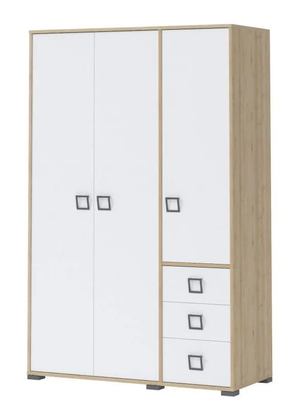 Kleiderschrank | 3 Drehtüren | 3 Schublade | 5 Fächer | mit Kleiderstange | 126 cm breit | Farbe: Buche Abbildung