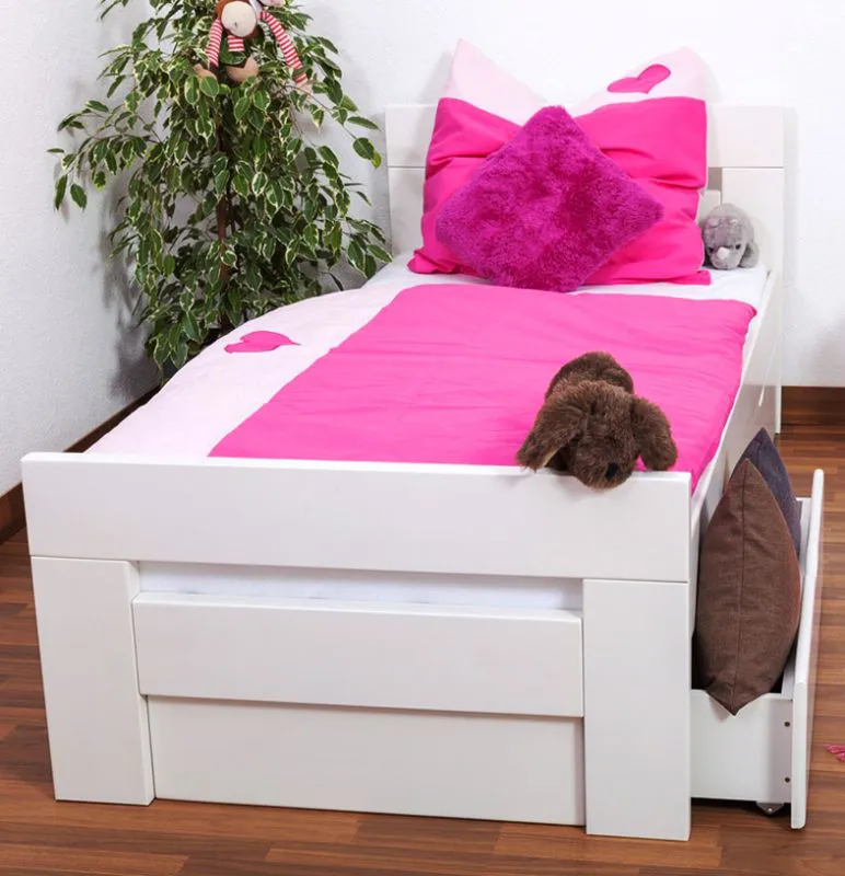 Kinderbett 90 x 200 cm | Massivholz: Buche | Weiß Lackiert | inkl. 2 Schubladen und Lattenrost Abbildung