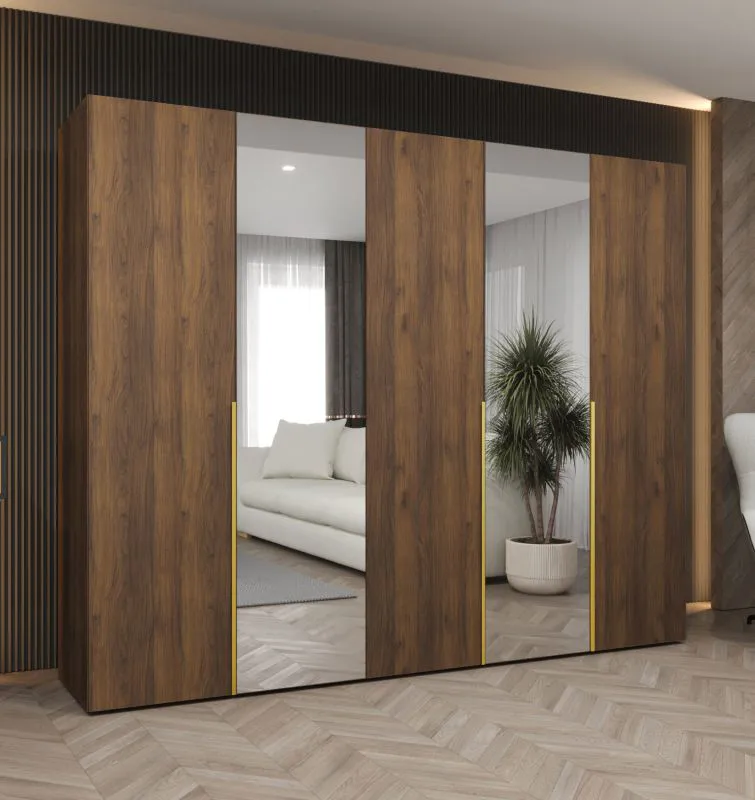 Drehtürenschrank mit zwei Spiegeltüren | Farbe: Walnuss | 2,5 Meter breit | drei Kleiderstangen | Griffe: Gold | drei Fächer | Soft-Close-Funktion