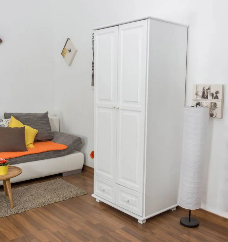 Kleiderschrank | 2 Drehtüren | 2 Schubladen | 1 Fach | mit Kleiderstange | 90 cm breit | Massivholz | Farbe: Weiß Abbildung