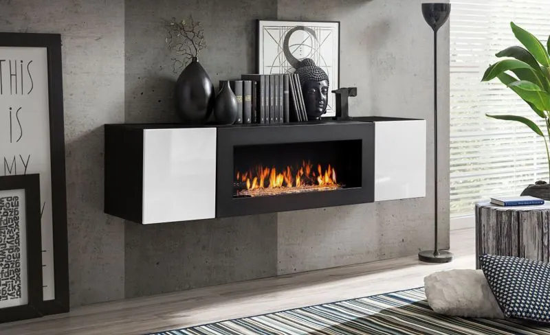 Hängende Kommode mit Kamin Raudberg 47, Farbe: Weiß / Schwarz - Abmessungen: 40 x 160 x 40 cm (H x B x T), mit Push-to-open Funktion