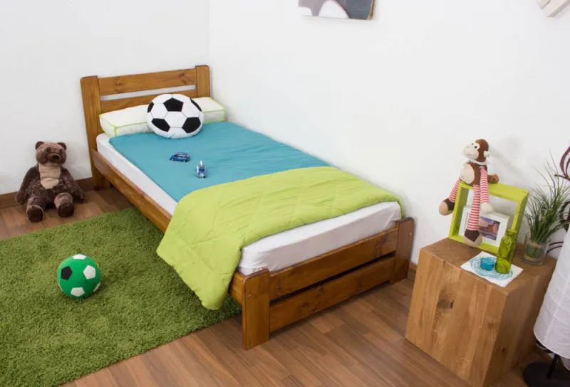Kinderbett / Jugendbett Kiefer Vollholz massiv Eichefarben A24, inkl. Lattenrost - Abmessung 90 x 200 cm 