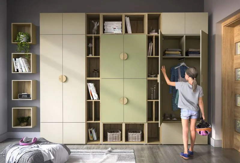Jugendzimmer Kinderzimmer - Set C Maräne, 14-teilig, Farbe: Kaschmir / Eiche Artisan / Grün