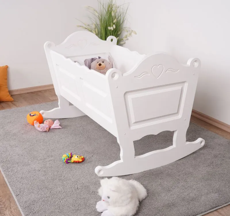 Babywiege Kiefer massiv Vollholz weiß lackiert 105 - Liegefläche: 34,50 x 90 cm