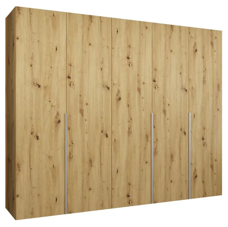 Drehtürenschrank mit drei Kleiderstangen Eiger 35, Farbe: Eiche Artisan, 2,5 Meter breit, Kleiderschrank, Griffe: Kaschmir, drei Fächer, fünf Türen, Soft-Close