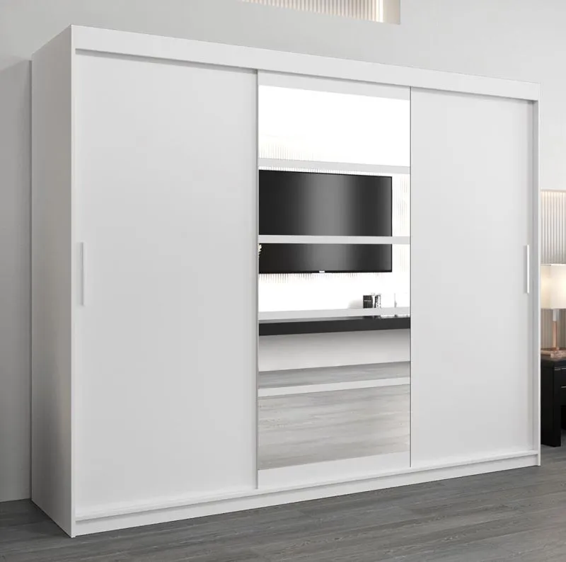 Schiebetürenschrank / Kleiderschrank Aizkorri 06A mit Spiegel, Farbe: Weiß matt - Abmessungen: 200 x 250 x 62 cm (H x B x T)