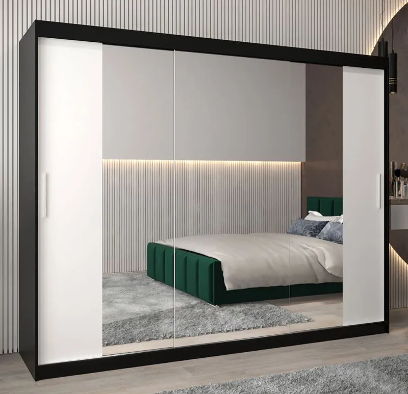 250 cm breiter Kleiderschrank mit 10 Fächern und 3 Türen | Farbe: Weiß / Schwarz Abbildung