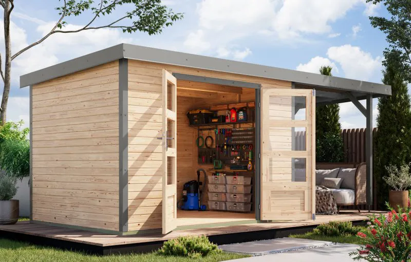 Holz Gartenhaus Anbaudach 2,35 m, Fichte naturbelassen/graualuminium, Trapezblechdach metallverstärkte-Ecken, 2,98 × 2,13 m, Zylinderschloss