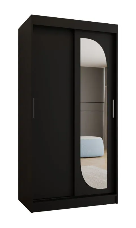 Schiebetürenschrank / Kleiderschrank Signalkuppe 03, Farbe: Schwarz, 1 Meter breit, zwei Kleiderstangen, fünf Fächer, eine Spiegeltür