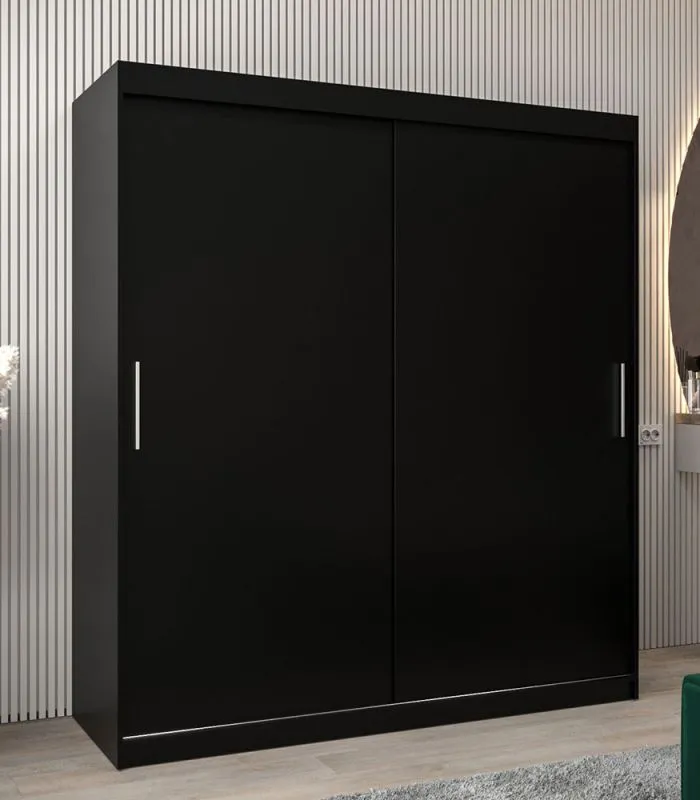 180 cm breiter Schiebetürenschrank mit 2 Türen | 10 Fächer | 2 Kleiderstangen | Farbe: Schwarz Abbildung