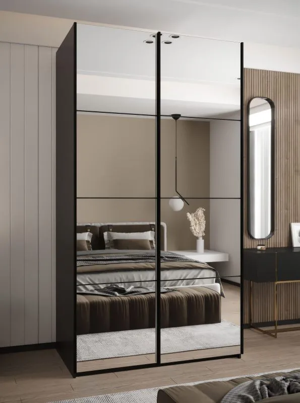 Kleiderschrank / Schiebetürenschrank | 2 Kleiderstangen | 245,5 x 130 x 64 cm | 2 Schiebetüren | 6 Fächer | Farbe: Schwarz | 6 Fächer | Soft-Close