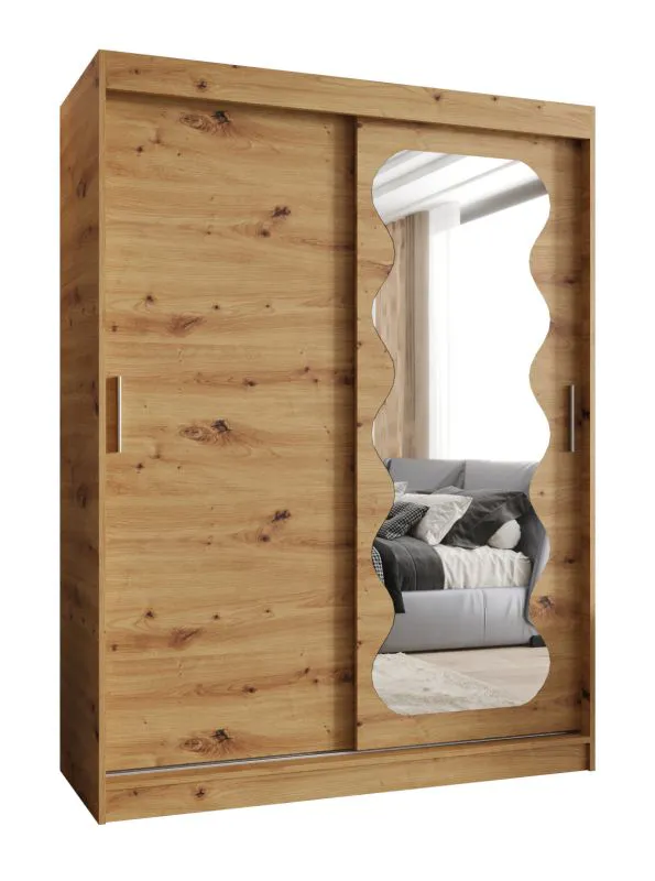 Schiebetürenschrank mit einen Spiegel Bernina 09, Farbe: Eiche Artisan, 1,5 Meter breit, fünf Fächer, zwei Kleiderstangen, Kleiderschrank, Aluminiumschienen