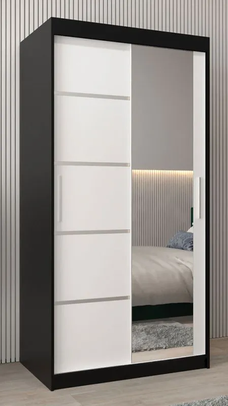 Schiebetürenschrank / Kleiderschrank Jan 01B mit Spiegel, Farbe: Schwarz / Weiß matt - Abmessungen: 200 x 100 x 62 cm ( H x B x T)
