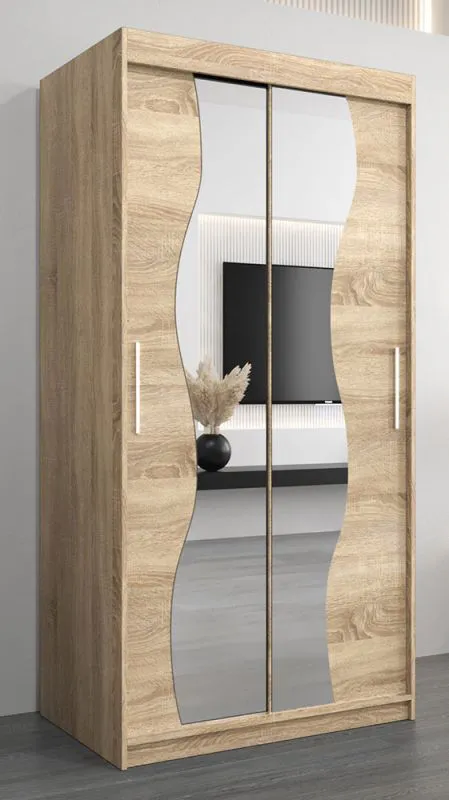 100 cm breiter Schiebetürenschrank mit 2 Türen | 5 Fächer | 2 Kleiderstangen | Farbe: Sonoma Eiche Abbildung