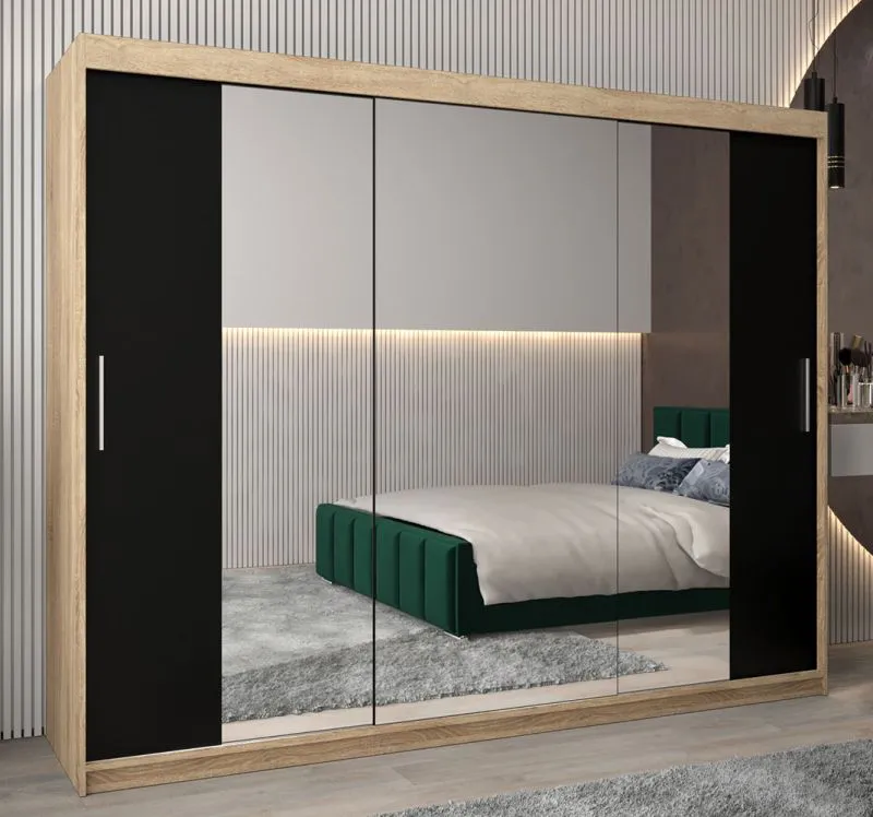Schiebetürenschrank / Kleiderschrank Bisaurin 6C mit Spiegel, Farbe: Eiche Sonoma / Schwarz - Abmessungen: 200 x 250 x 62 cm ( H x B x T)