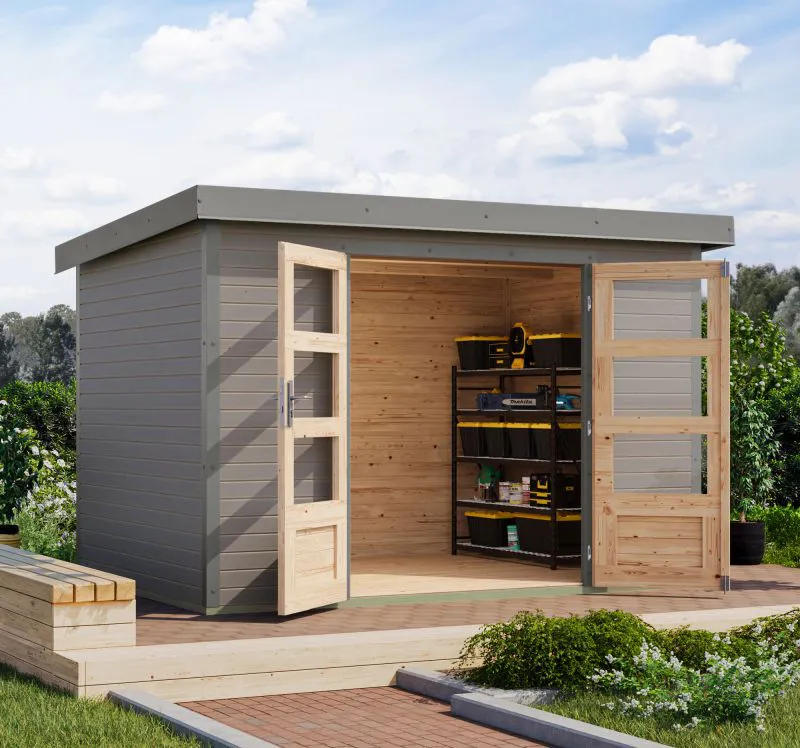 Pultdach Gartenhaus, Fichte wassergrau/graualuminium, langlebig, stahlverstärkte Ecken, Trapezblechdach, wartungsarm, Zylinderschloss, 2,98x2,13m