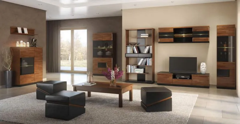 Wohnzimmermöbel Wohnzimmer Komplett - Set A Postira, 11-teilig, teilmassiv, Farbe: Walnuss / Schwarz Abbildung
