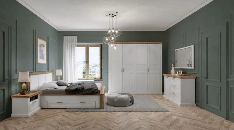 Schlafzimmer Komplett - Set G Lotofaga, 8-teilig, Farbe: Weiß / Walnuss