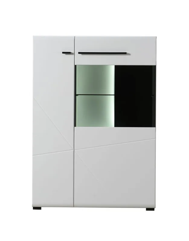 Vitrine mit zwei Türen Idos 04, acht Fächer, Farbe: Weiß / Weiß Hochglanz / Schwarz, Parsolglas, Maße: 124 x 87,5 x 35 cm, ABS-Kantenschutz