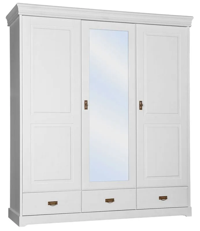 193 cm breiter Kleiderschrank mit 3 Türen, 5 Fächern und 3 Schubladen aus Massiv-Holz | Farbe: Weiß | Tiefe: 62 cm Abbildung