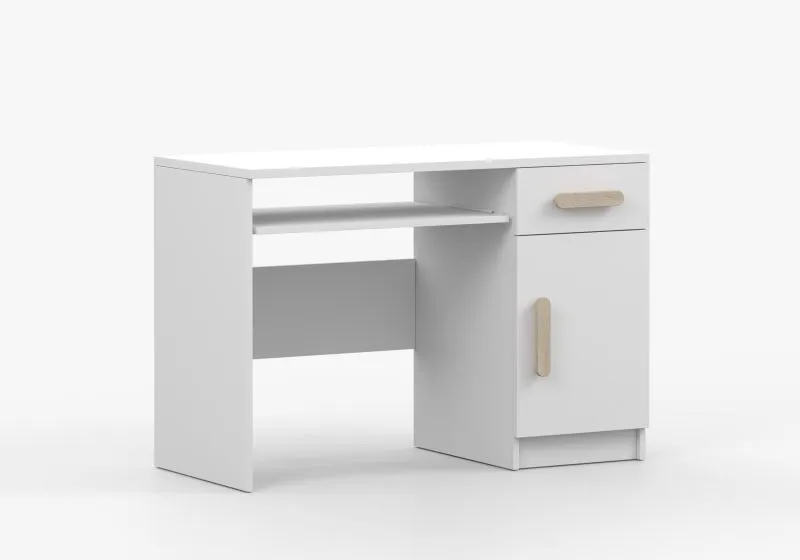 1,1 Meter breiter Schreibtisch | braune Holzgriffe | 3 Fächer | 1 Schublade | Weiß | Smolikas 95 | 1 Türe | 75 x 110 x 50 cm