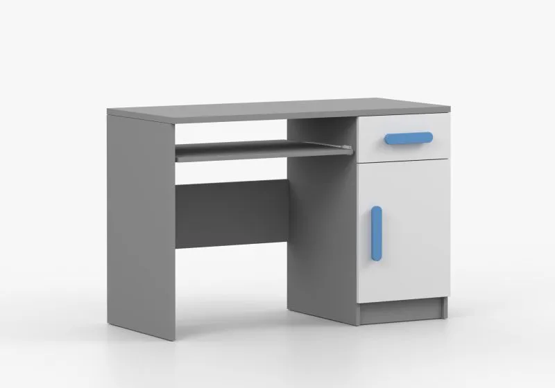 Schreibtisch 1,1 Meter breit | Smolikas 83 | Weiß / Grau | Holzgriffe | 1 Türe | 3 Fächer | 1 Schublade | 75 x 110 x 50 cm