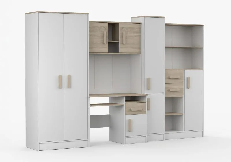 Jugendzimmer Schrankwand mit Schreibtisch | 300 x 52 x 196 cm | Weiß / Eiche | Grammasos 06 | 8 Türen | 3 Schubladen | 19 Fächer | Kinderzimmer